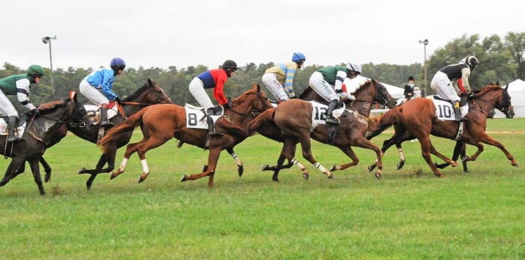 Jockeys and horses racing at Foxfield Races in Charlottesville