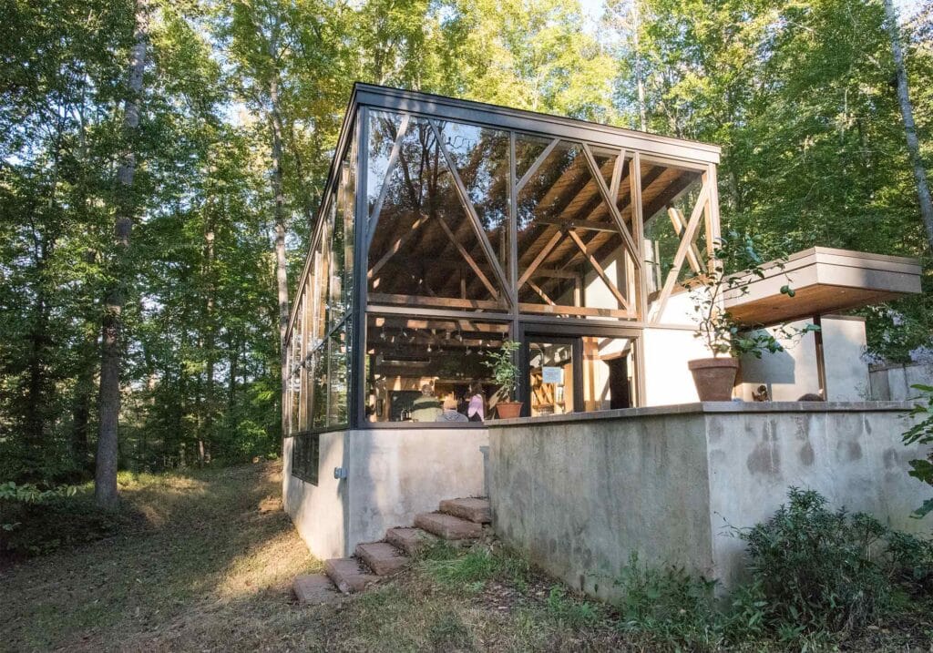 The modern glass tasting room at Gabriele Rausse Winery near Charlottesville, Va.