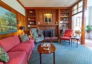 Interior shot of the Holly Hollow property's living room - library area