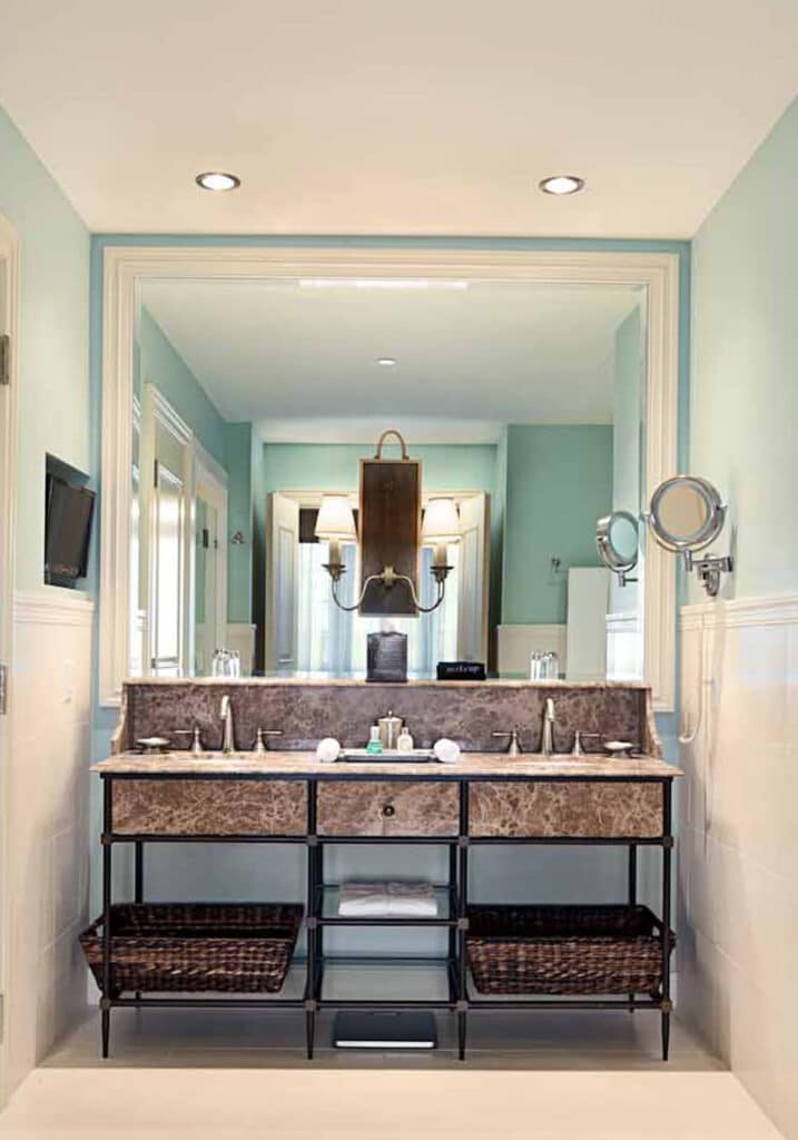 A guest bathroom suite at Sheila Johnson's Salamander Middleburg resort, luxury lodging in Loudoun County, VA.