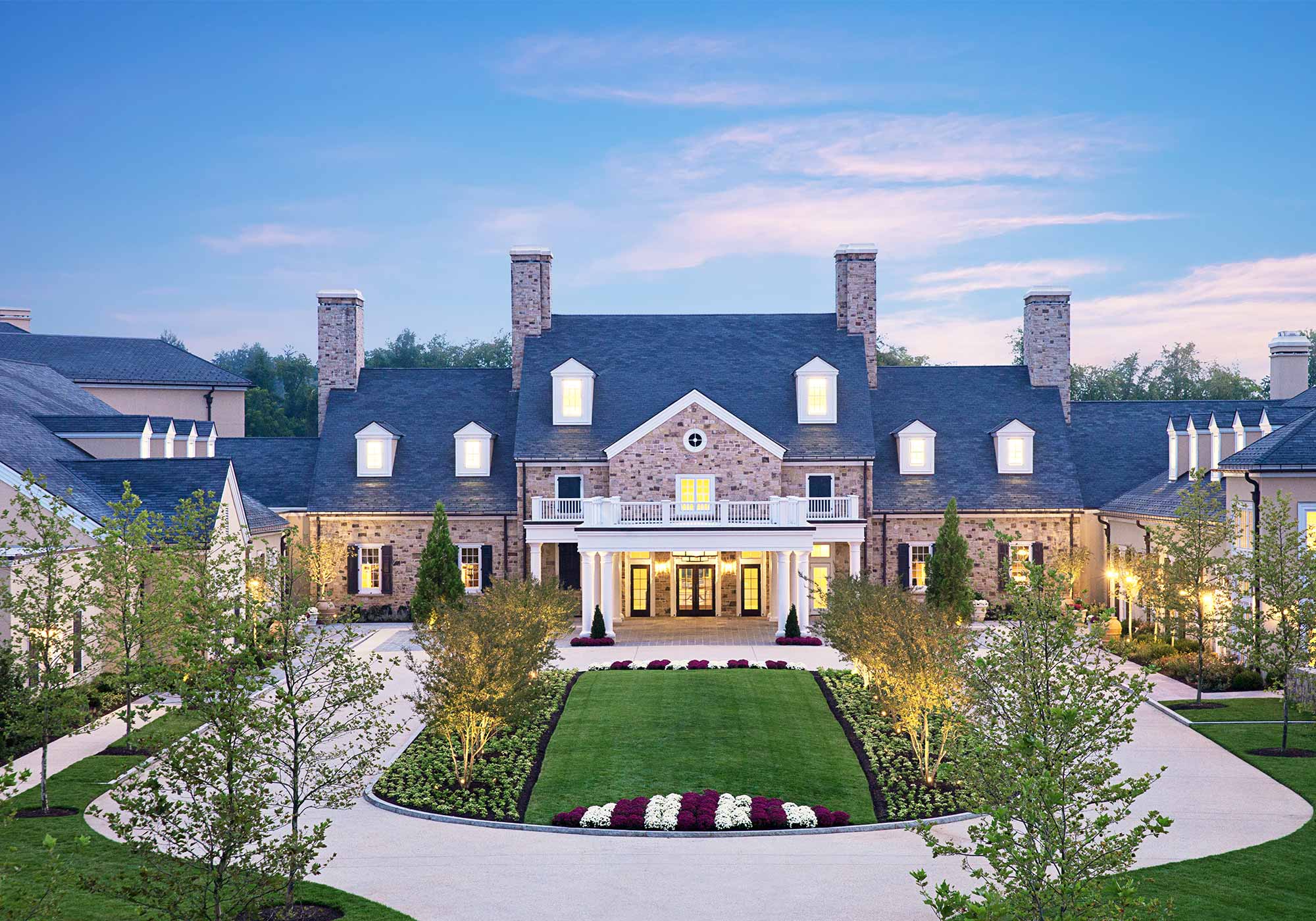 The front entrance of Sheila Johnson's Salamander Middleburg resort, luxury lodging in Virginia hunt country.