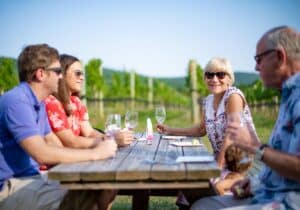 Photo of visitors drinking wine at Chestnut Oak Vineyards, Virginia