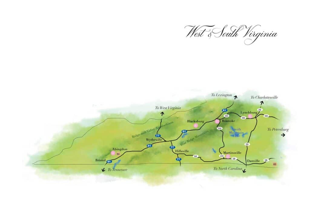 West and South Virginia wine region map