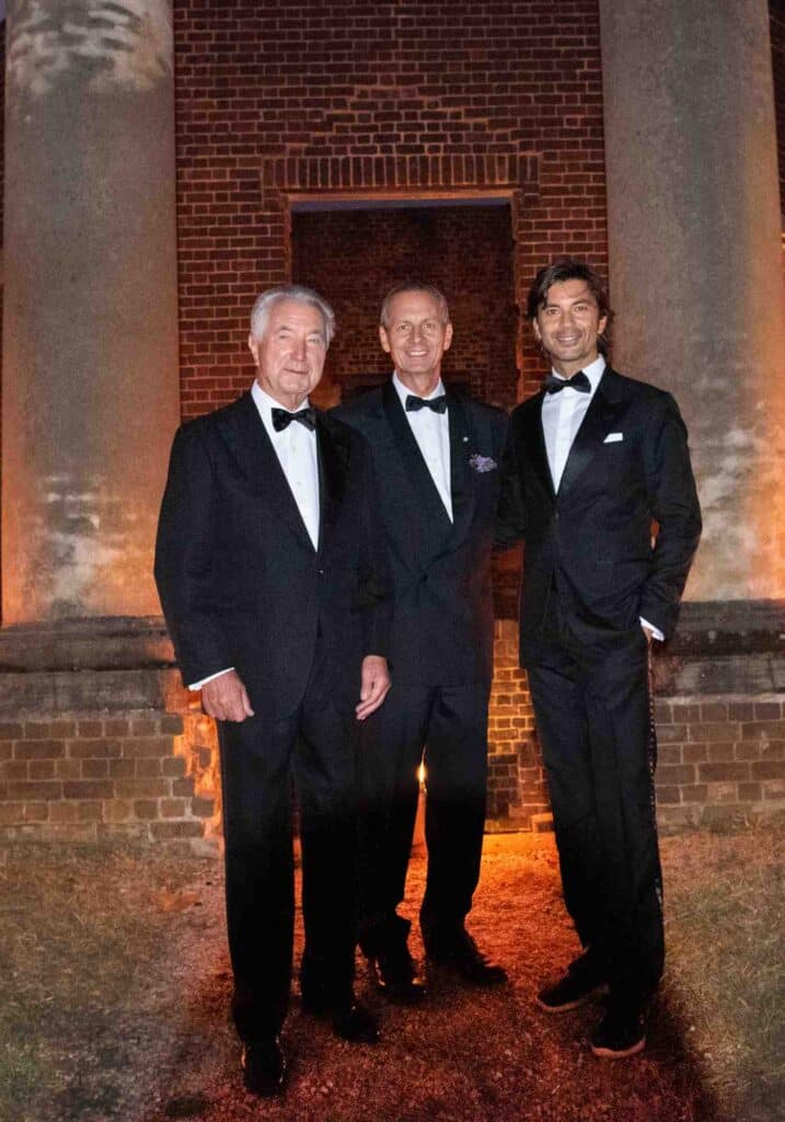 Gianni Zonin, Luca Paschina and Francesco Zonin in black tie attire at the anniversary celebration of Barboursville Vineyards.