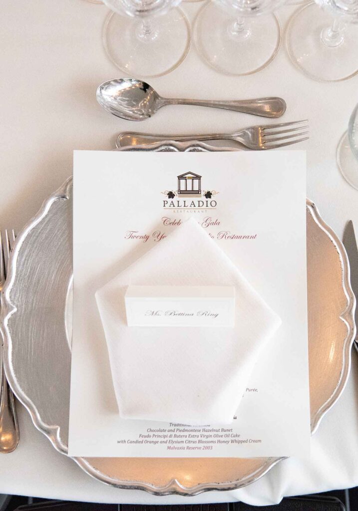 Formal place setting and menu at Palladio Restaurant's 20th anniversary celebration dinner at Barboursville winery.