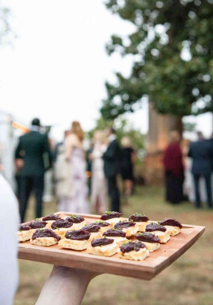 Appetizers served during al fresco cocktail hour at Barboursville Vineyards, a Virginia winery on the Monticello Wine Trail.