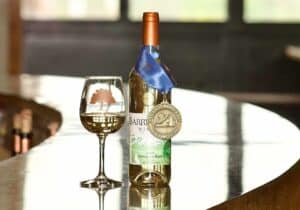 Photo of award-winning Barrel Oak wine, bottle and glass